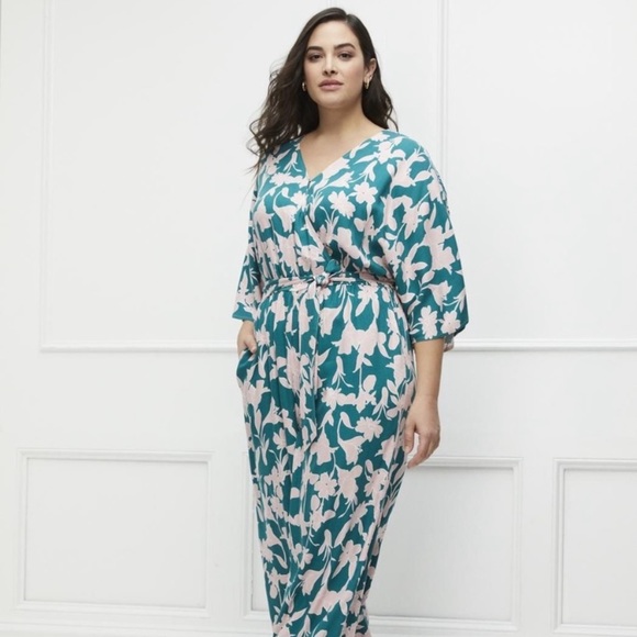 Nwt Eloquii Elements kimono sleeve Jumpsuit green pink floral multiple sizes - Picture 1 of 12